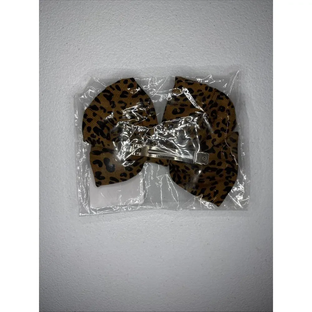 Leopard Print Hair Bow Barrette With 2 Leopard Hair Clips